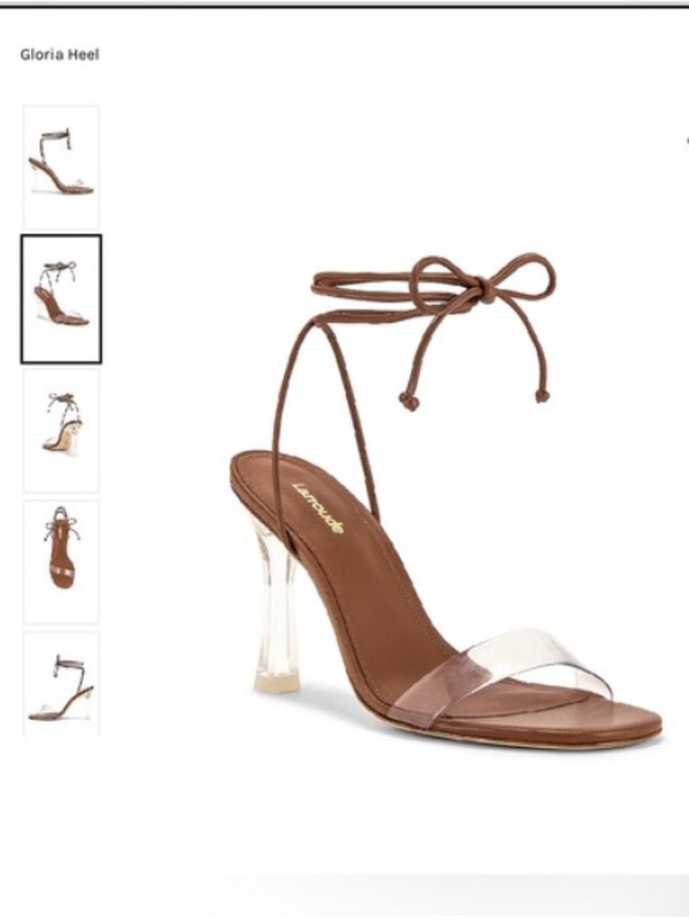 Larroude Gloria Clear Heel Sandals Brown Leather Vinyl Tie Ankle Straps - Picture 3 of 7